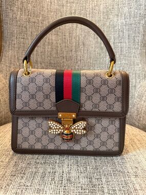 Designer-Inspired Brown Top-Handle Bag with Bee Accent